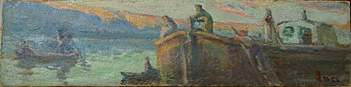 Flodlandskab med pram og både, 1907, Maximilien Luce