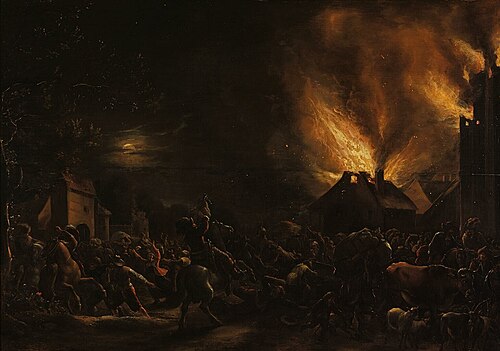 Dorpsplundering door soldaten bij nacht, 1662, Willem Viruly (II)