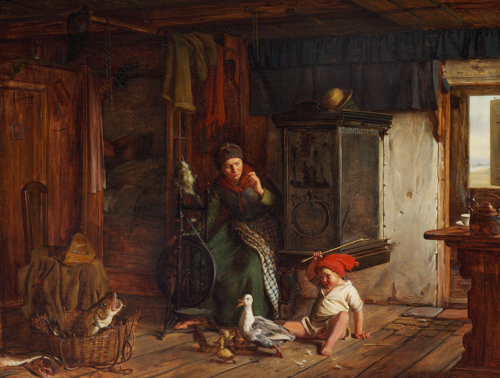 Scene from a fisher house. A boy lashes out after a duck. Daddy needs his sleep., 1858, Carl Heinrich Bloch