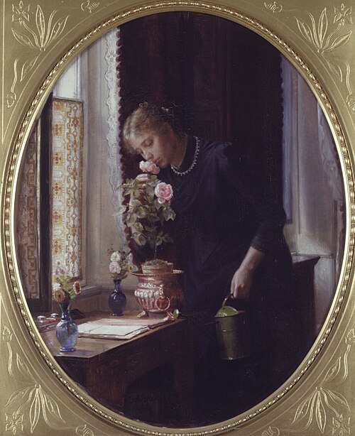 En ung pige, der lugter til en rose, 1889, Carl Heinrich Bloch
