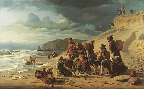Fishermen's families avaiting their return in an approsching storm. From the west coast of Jutland., 1858, Carl Heinrich Bloch