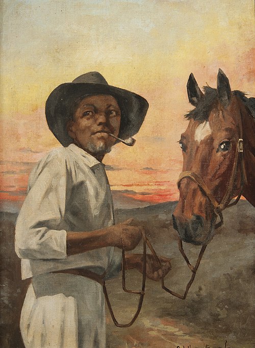 Negro com Chapéu, Fumando Charuto, Segurando Rédea de Cavalo, 1901, Adrien Henri Vital van Emelen