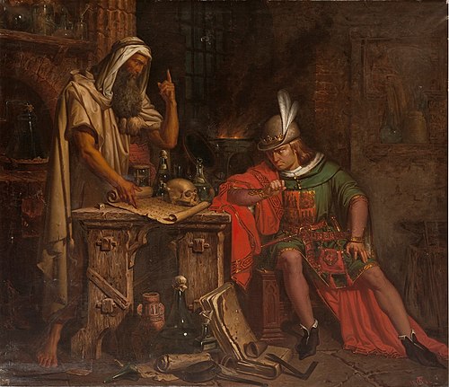 Don Pedro I de Castilla consulta su horóscopo a un moro sabio de Granada llamado Ben-Agatim, 1864, Federico González Tavé