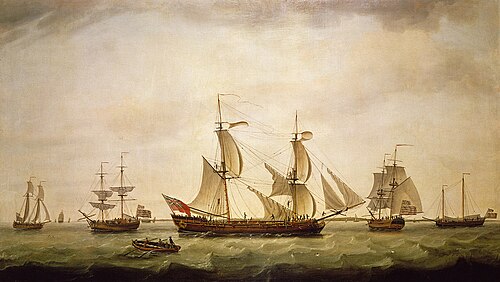 An English brig with captured American vessels, 1778, Francis Holman