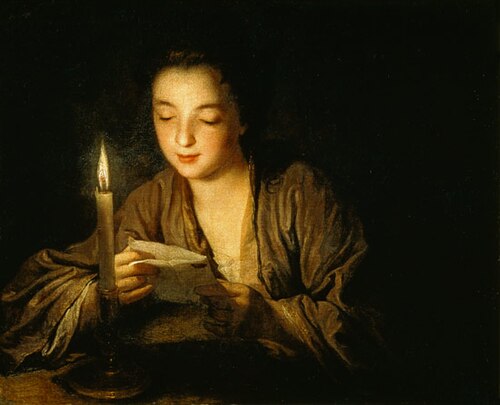 Jeune Fille lisant une lettre à la bougie, 1700, Jean-Baptiste Santerre