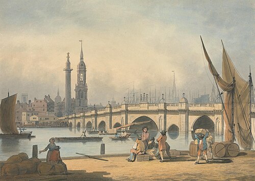 London Bridge and The Monument, 1795, Francis Nicholson