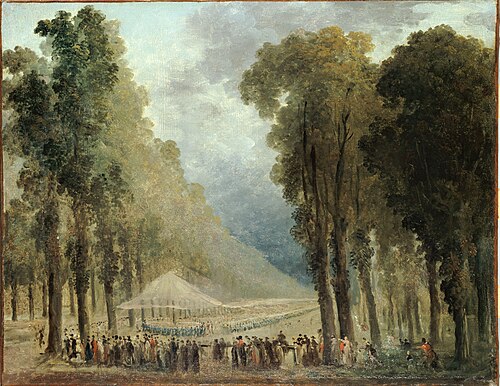 Repas servi aux troupes dans une allée des Champs-Elysées ou dans le parc de Saint-Cloud, 1790, Hubert Robert