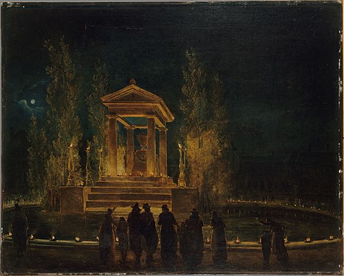 Le Mausolée provisoire de Jean-Jacques Rousseau, sur le bassin des Tuileries, avant la translation d, 1794, Hubert Robert