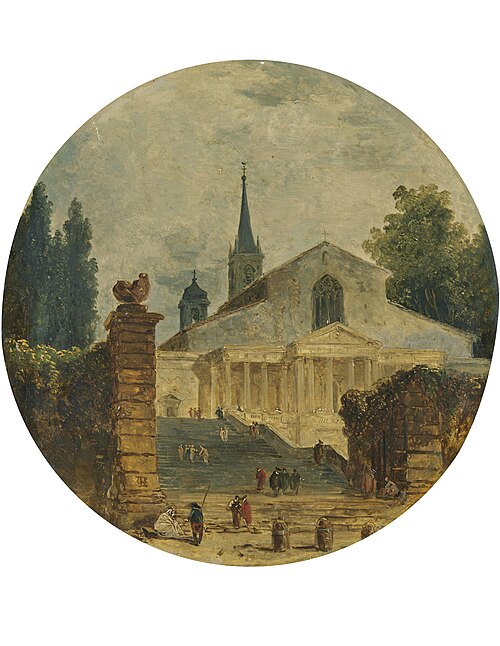 Capriccio view of a church, , Hubert Robert