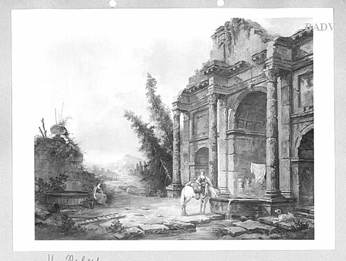 Landschaft mit Ruine eines Triumphbogens und Staffage, 1758, Hubert Robert
