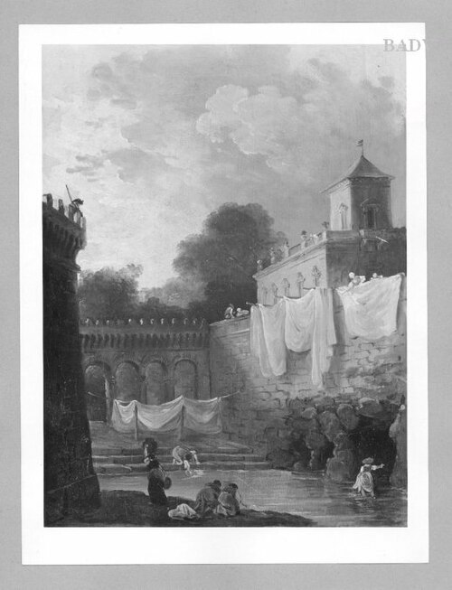 woman washing + drying laundry, 1758, Hubert Robert