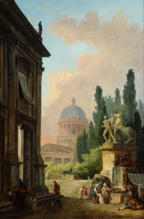 Vue imaginaire de Rome avec le dompteur de chevaux du Monte Cavallo et une église, 1786, Hubert Robert