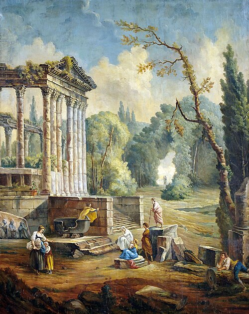 Landscape with Temple Ruin and People Listening to an Orator, 1750, Hubert Robert