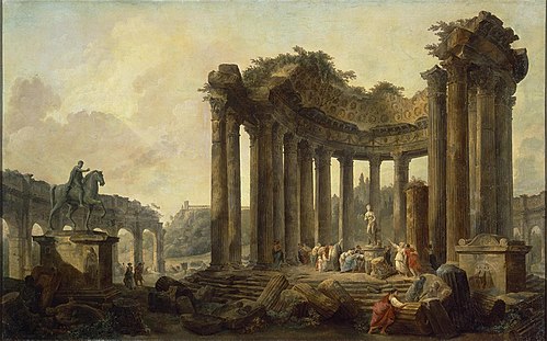 Landscape with the Ruins of the Round Temple, with a Statue of Venus and a Monument to Marcus Aureli, 1789, Hubert Robert