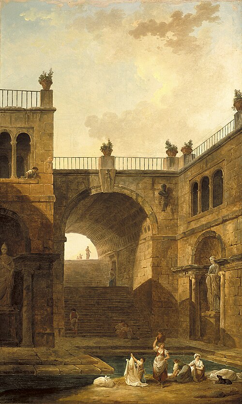 Architectural Scene with Women Washing Clothes at a Pool, 1799, Hubert Robert