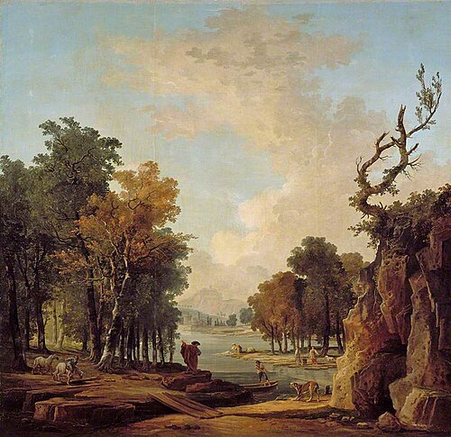 Wooded river landscape with a traveller, a barking dog, a horseman and women washing at an islet, 1798, Hubert Robert