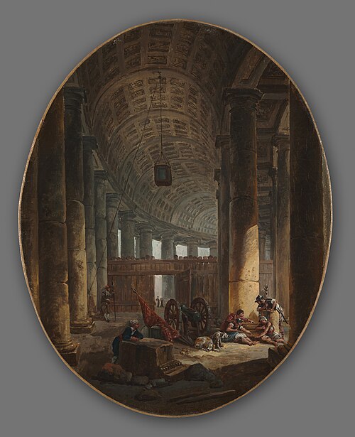Pair of Paintings: The Colonnade of St. Peter's, Rome, during the Conclave and The Grotto of Posilli, 1769, Hubert Robert