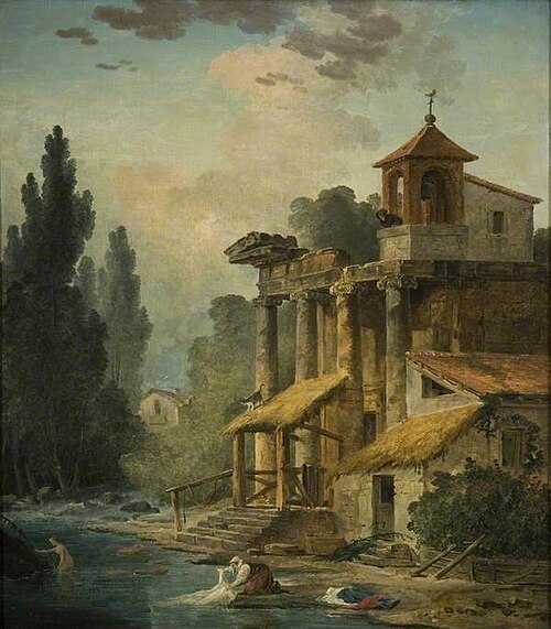 An Architectural Capriccio with Hermit, Bather and Washerwoman, 1796, Hubert Robert