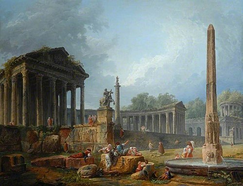 Architectural capriccio with obelisk, 1768, Hubert Robert