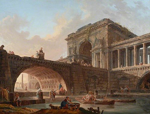 Architectural Caprice with Bridge and Triumphal Arch, 1768, Hubert Robert