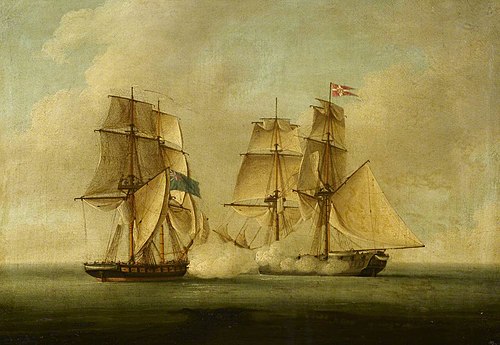 HMS 'Sappho' capturing the Danish brig 'Admiral Jawl', 2 March 1808: ships engaged, 1850, Francis Sartorius