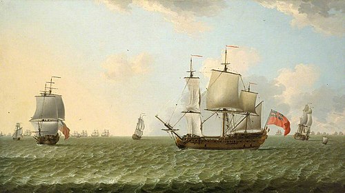 An East Indiaman in stays, with a fleet chase beyond, 1780, Francis Swaine
