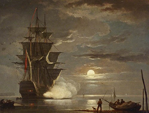 A ship firing a gun by moonlight, , Francis Swaine