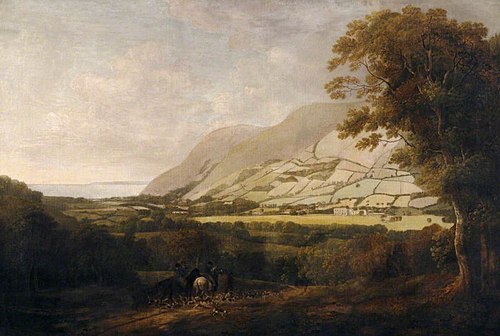 Sir Thomas Dyke Acland, 9th Baronet of Columbjohn (1752-1794) with Staghounds on the Holnicote Estat, 1785, Francis Towne