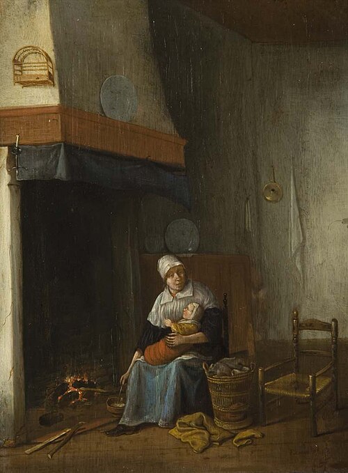Keukeninterieur met vrouw en kind, 1662, Franciscus Carree