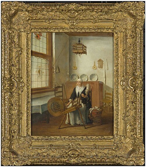 Vrouw achter haar spinnewiel, 1664, Franciscus Carree