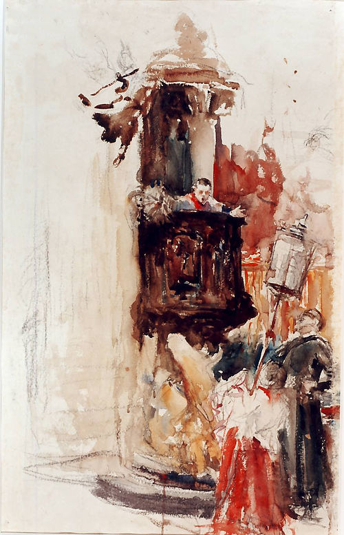 Sacerdote y acólitos en el púlpito del Evangelio., 1892, Tomás Muñoz Lucena