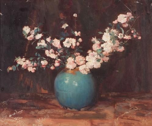 Apple blossoms in a turqoise ginger jar, , Frans David Oerder