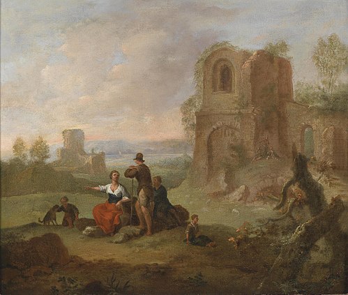 Paysage de ruines avec voyageurs au repos, 1742, Franz de Paula Ferg