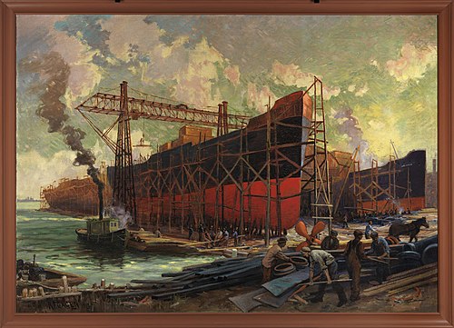 Shipbuilding in Ashbridges Bay, Toronto, 1918, Robert Ford Gagen