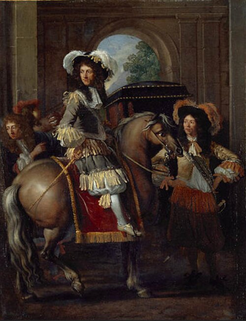 Gentilhomme à cheval et carrosse devant une porte monumentale, 1637, François Duchatel