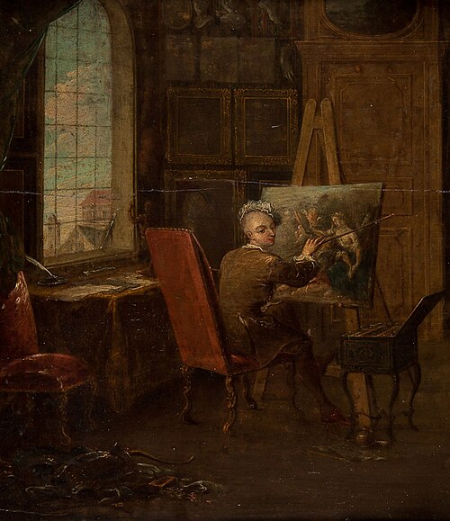 Self-portrait of the artist in his studio, holding a mahl-stick, 1750, François Eisen