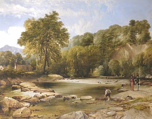 The River Ogwen at Cochwillan Mill, with the artist fishing, watched by General Cartwright, 1849, Frederick Richard Lee