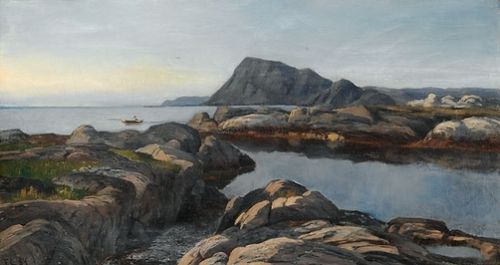 Kystlandskap med robåt, 1884, Fredrik Jonas Lucian Botfield Collett