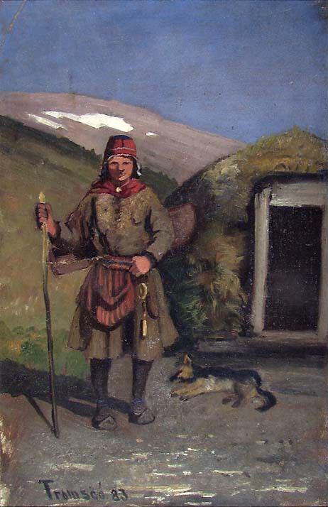 A Lapp with his Dog outside a Turf Hut, 1883, Fredrik Jonas Lucian Botfield Collett