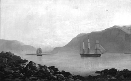 The Ship of the Line "Dronning Marie" (Queen Marie) and the Corvette "Najaden" Weigh Anchor in Faxa , 1836, Friedrich Theodore Kloss
