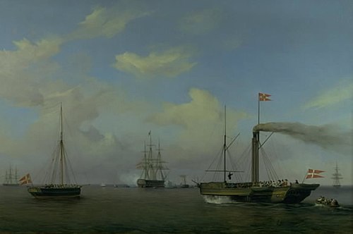 Den danske eskadre til ankers på Warnemünde rhed. Deres kongelige højheder kronprinsen og kronprinse, 1842, Friedrich Theodore Kloss