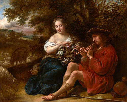 Elegant Shepherdess Listening to a Shepherd Playing the Recorder in an Arcadian Landscape, 1654, Govert Flinck