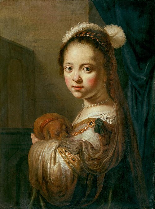Mädchen mit einem kleinen Hund im Arm, 1645, Govert Flinck