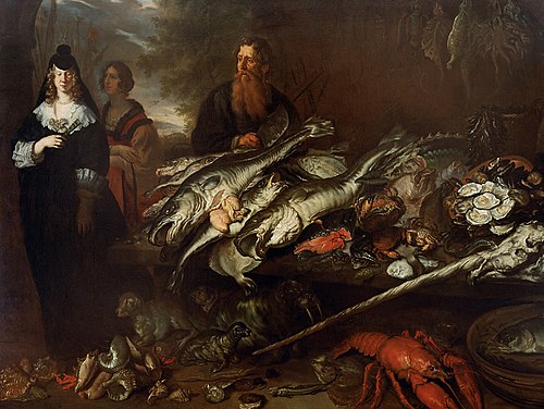 Great Fish Market / Young woman with maid at a fish market with shells and a narwhal, 1654, Joachim von Sandrart