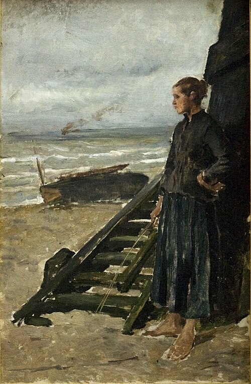 Fille de pécheur adossée à l'estacade (Nieuport), , Constantin Meunier