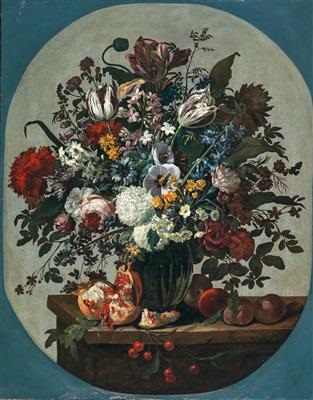 Tulips, hydrangeas, and peonies in a vase with pomegranates, 1668, Gaspard Pieter Verbruggen I