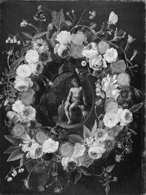 Flower garland surrounding John the Baptist with the lamb, 1654, Gaspard Pieter Verbruggen I