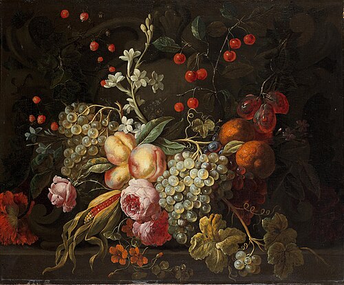 Quince, grapes, cherries and other fruit with roses on a stone ledge, 1707, Gaspar Peeter Verbruggen le jeune