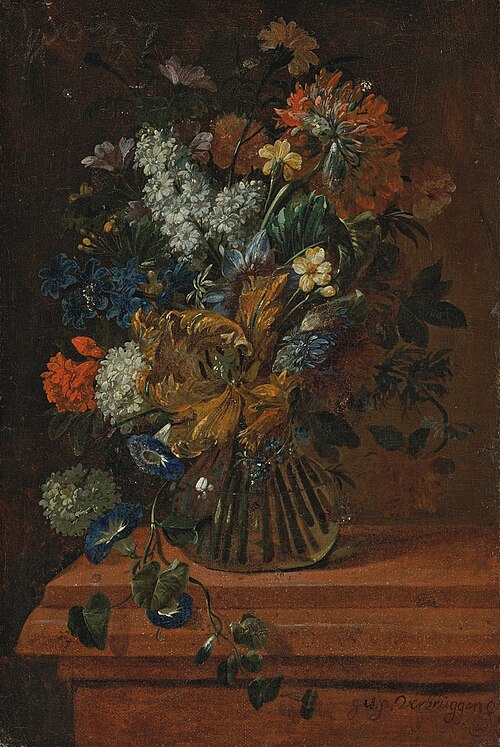 Flowers in a glass vase on a marble ledge (1), 1691, Gaspar Peeter Verbruggen le jeune