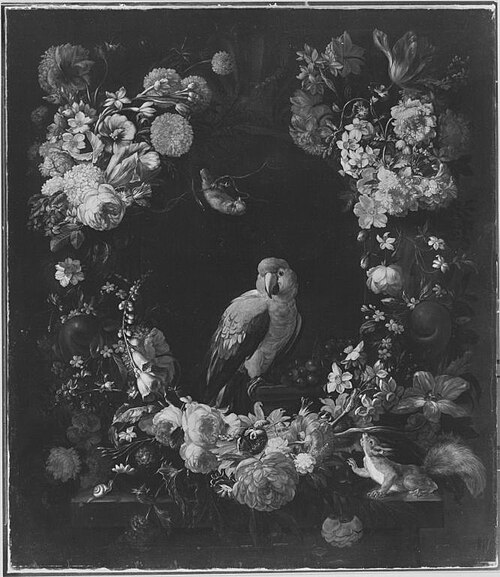 Flower Arrangement with Parrot, 1697, Gaspar Peeter Verbruggen le jeune